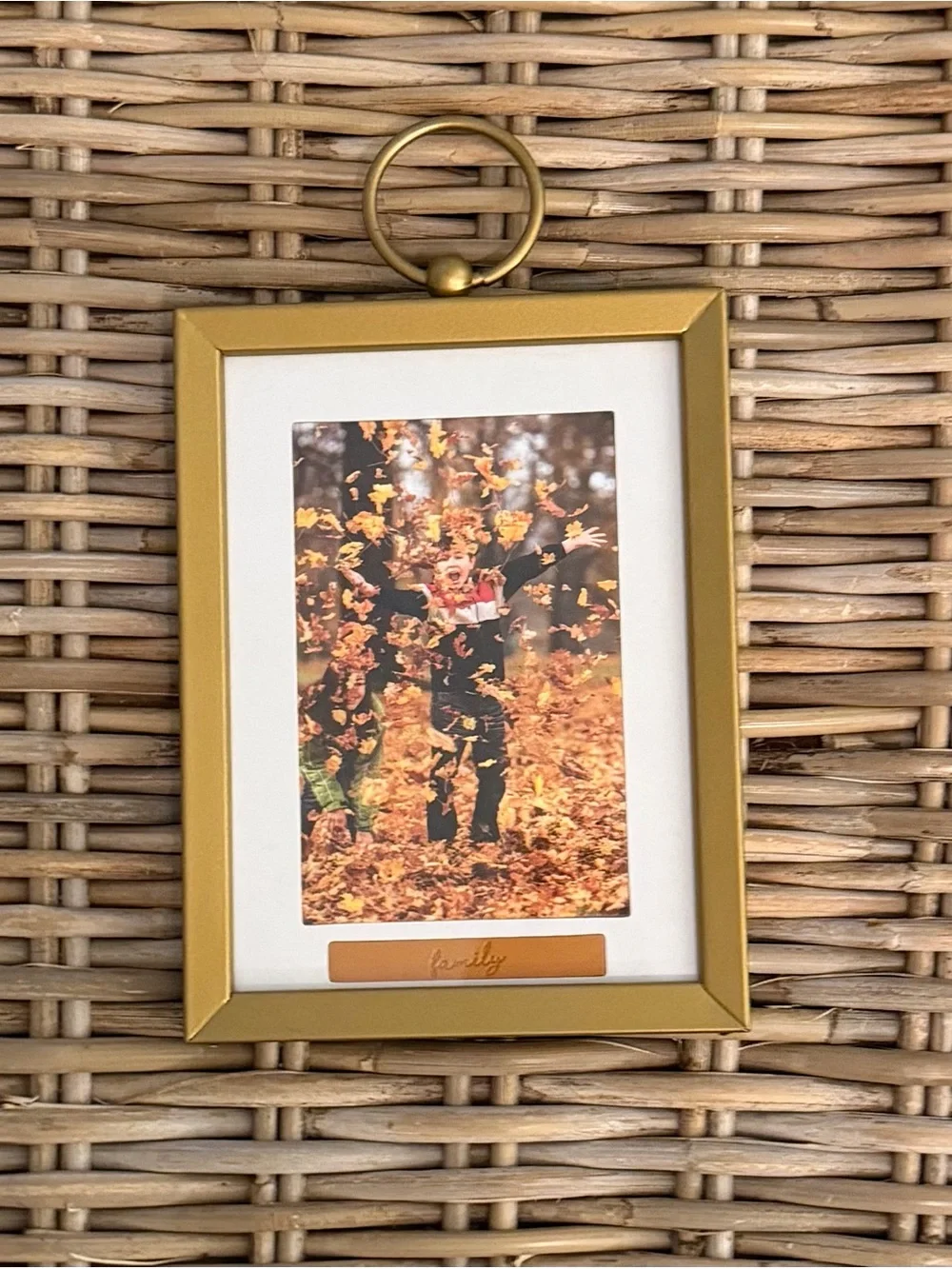 Gold Metal Picture Frame w Tan Lather 'Family' Tag - fits 3.5 x 5